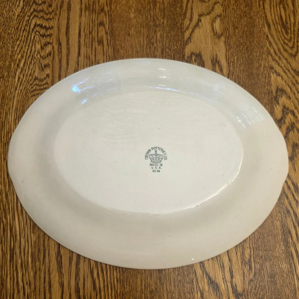 Crown‎ Potteries Co Vintage Pink Rose Oval Serving Platter Gold Trim 11